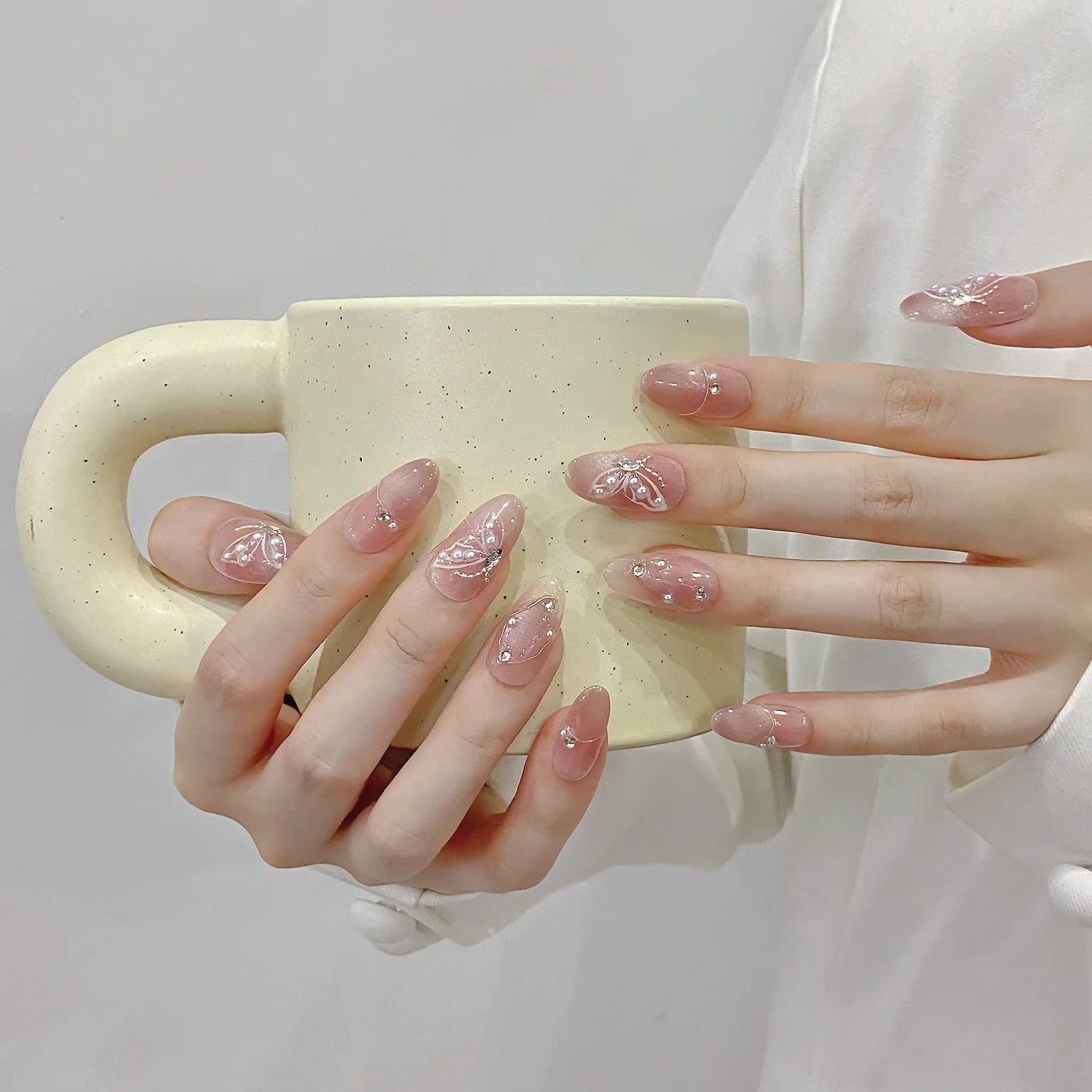 10Pcs Pink Butterfly Cat Eye French Press-On Nails