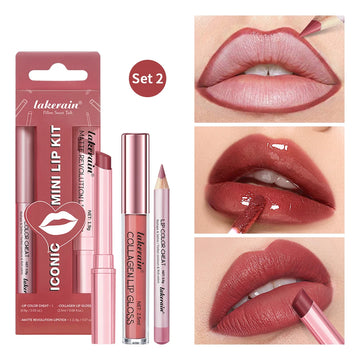 3pcs Lipliner, Lipstick & Gloss Set Waterproof Matte