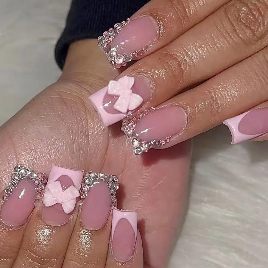 Blush Pink 3D Bowknot Diamond Pearl Press-On Nails