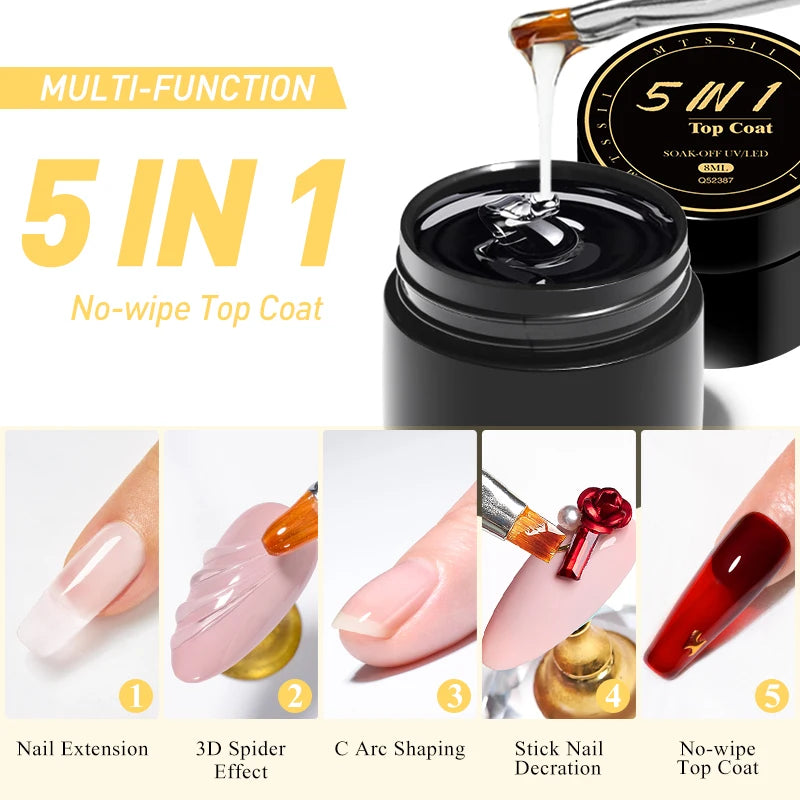 Mtssii 5 in 1 Glue Gel Reinforcement Gel No Wipe Top Coat Nail Art Soak Off UV