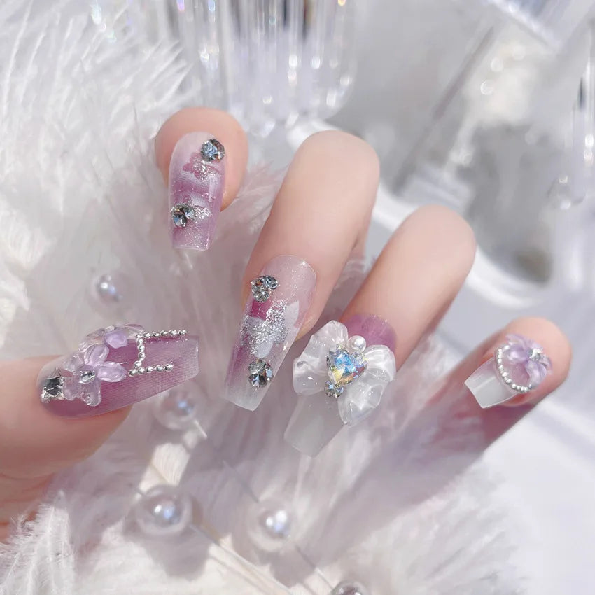 Blush Pink 3D Bowknot Diamond Pearl Press-On Nails