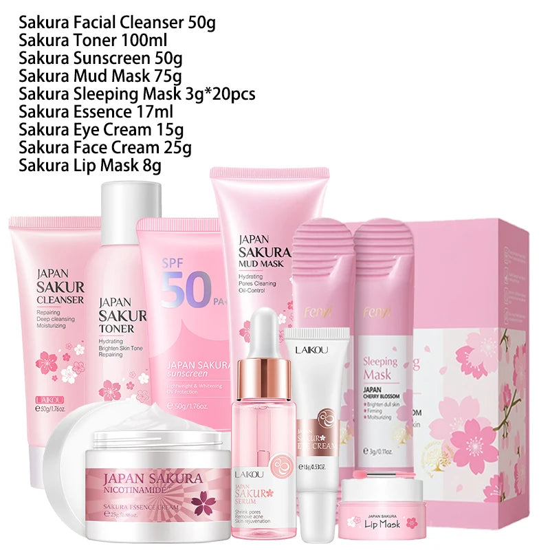 9pcs Facial Products Kit Sakura Skin Care Set Facial Cleanser Face Cream