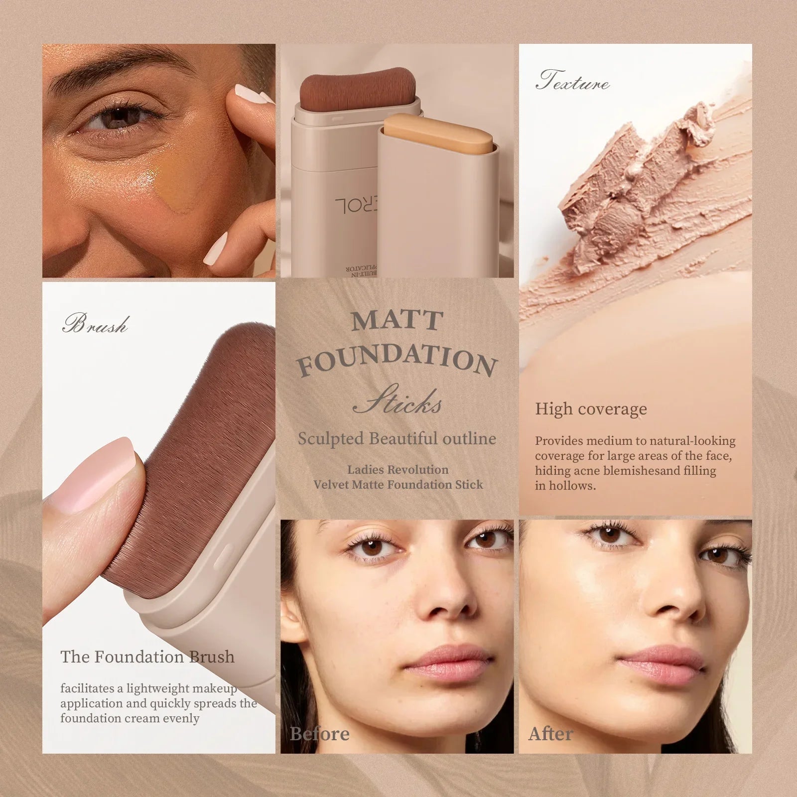 DEROL Eraser Foundation Stick – Full Coverage with Makeup Brush Vervelle