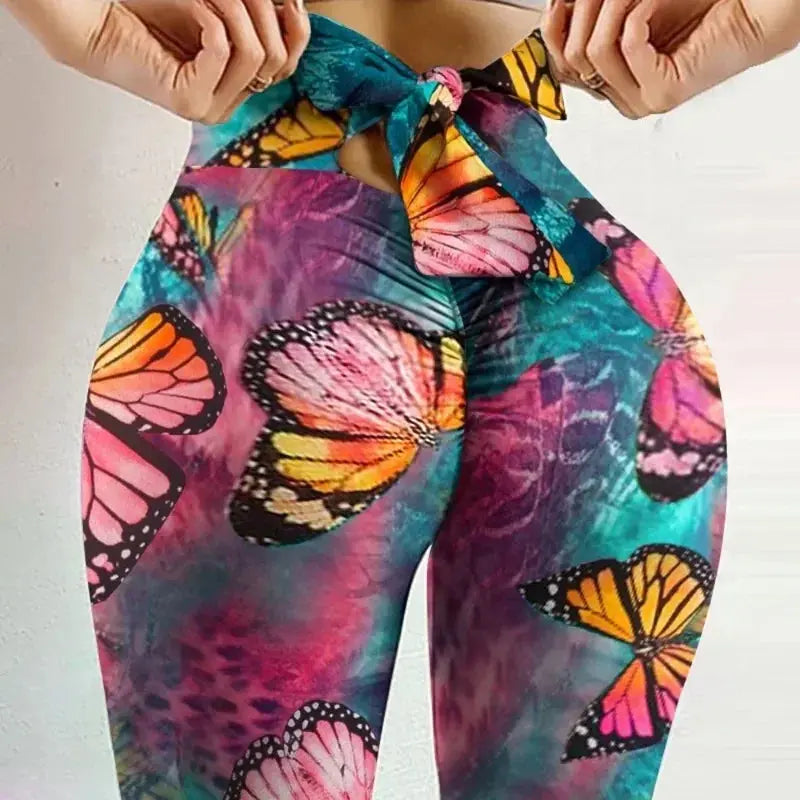 Women High Waist Butterfly Print Yoga Leggings Bowknot Butt Lift Pants Vervelle