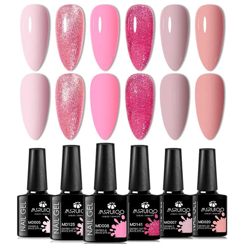 6PC Gel Nail Polish Set Nude Pink Red Glitter UV Gel