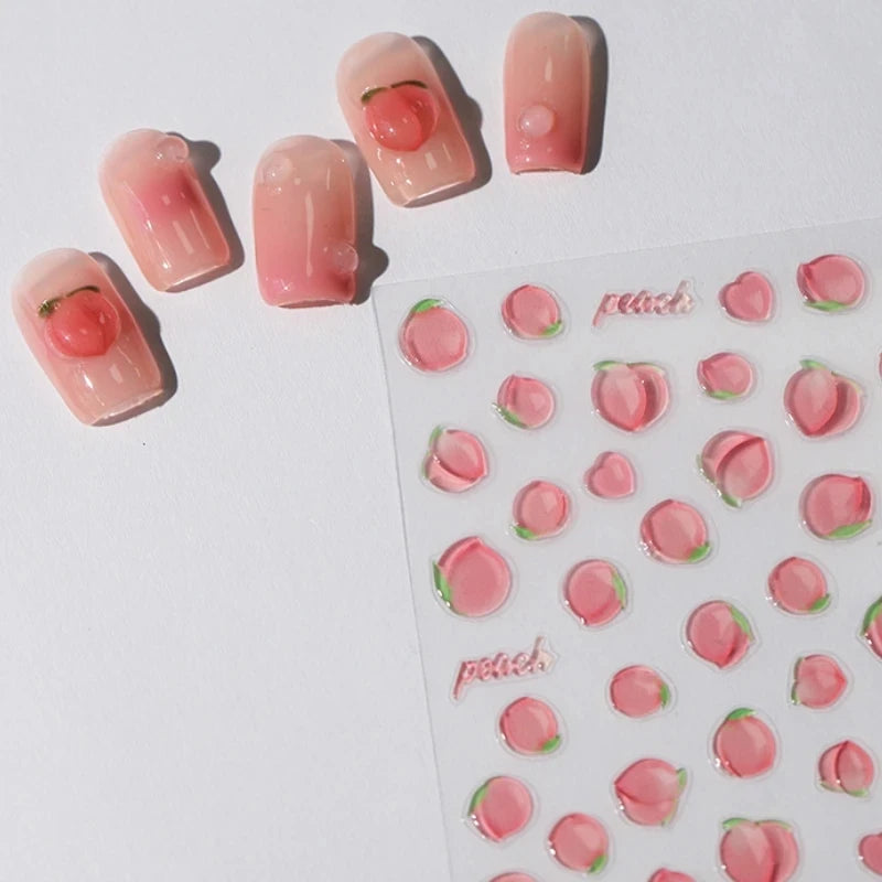 5D Pink Peach Jelly Nail Stickers Cute 3D Fruits