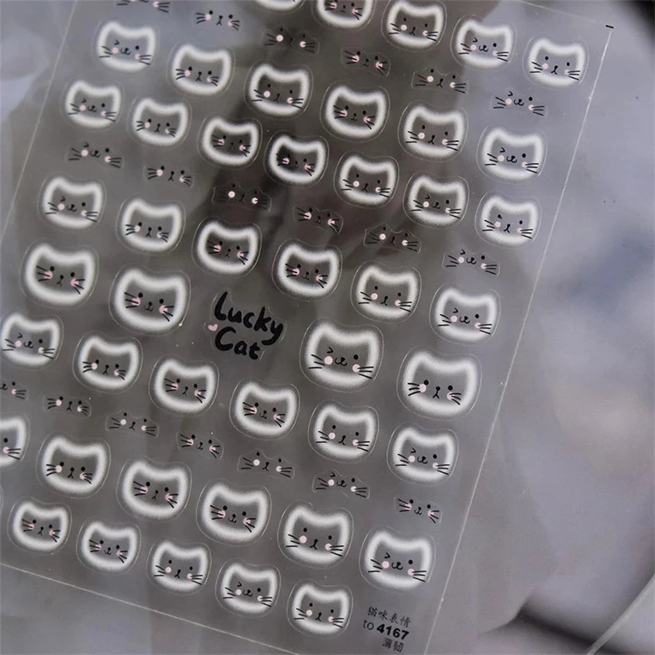 White Halo Cat Face Nail Stickers Embossed Relief