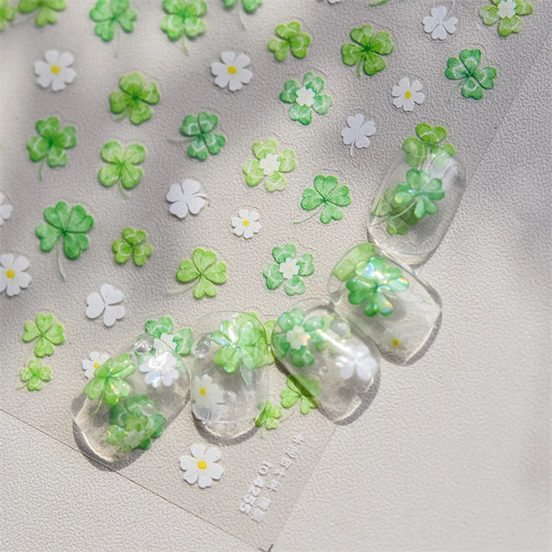 1 Pack 5D Green Four-Leaf Clover Nail Art Stickers