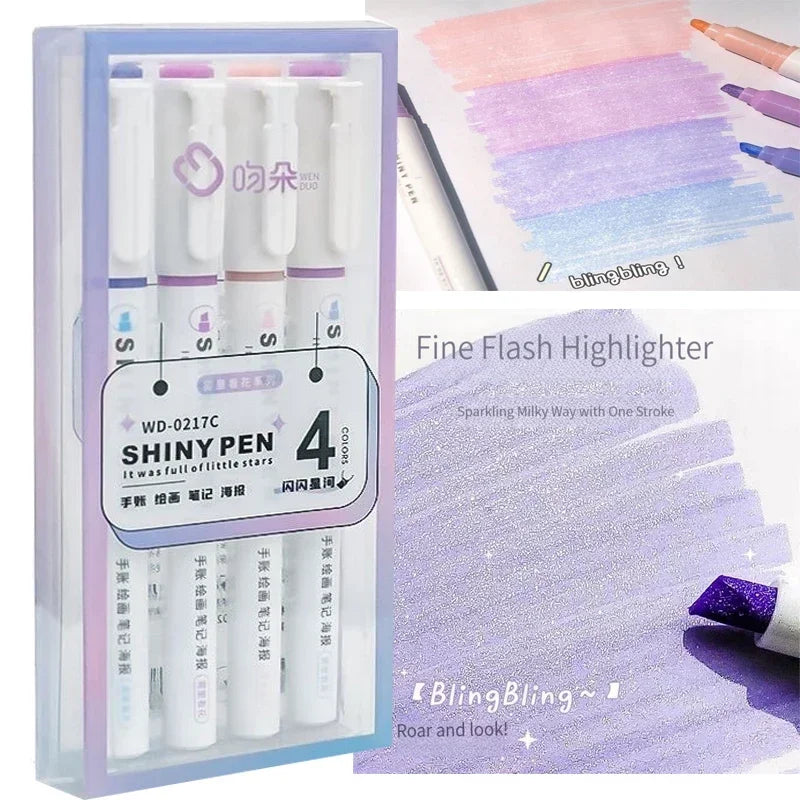 4 Color/Set Glitter Kawaii Glitter Highlighters Markers for Sparkling