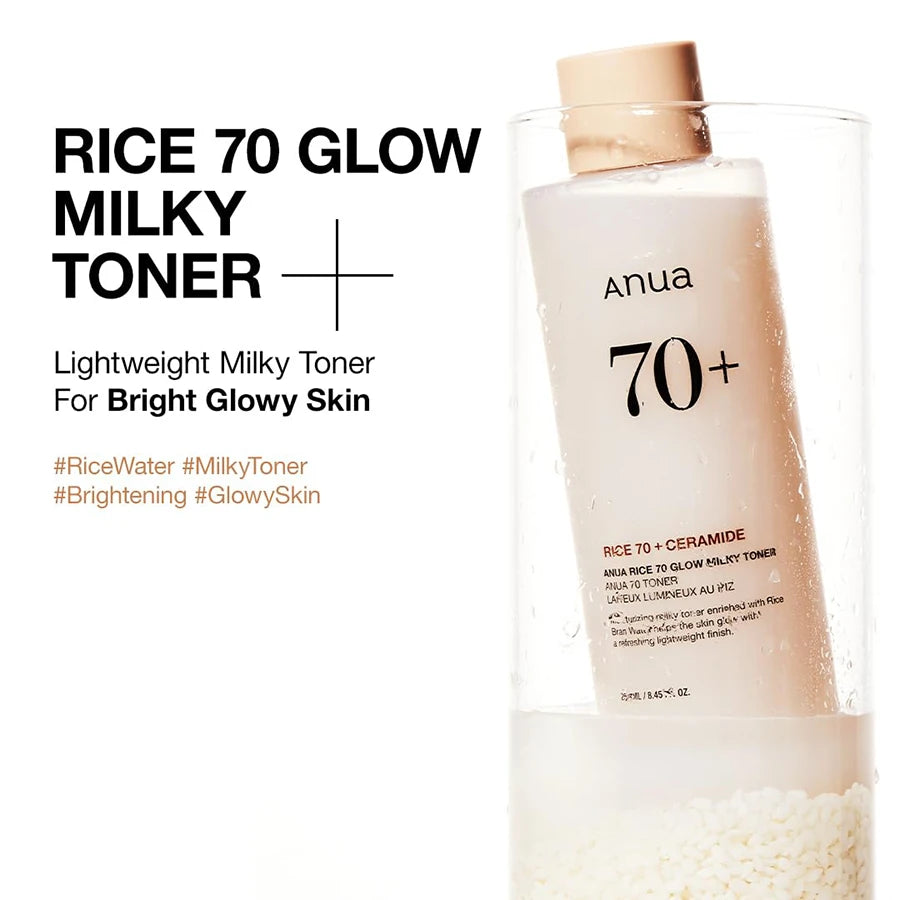 Anua Rice 70 Glow Milky Toner With 70% Rice Water & Ceramide - Hydrating Brightening Facial Toner For Glass Skin & Sebum Control