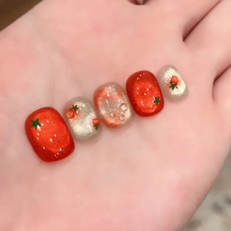 10Pcs Red Oval Press-On Nails Cute Tomato Design