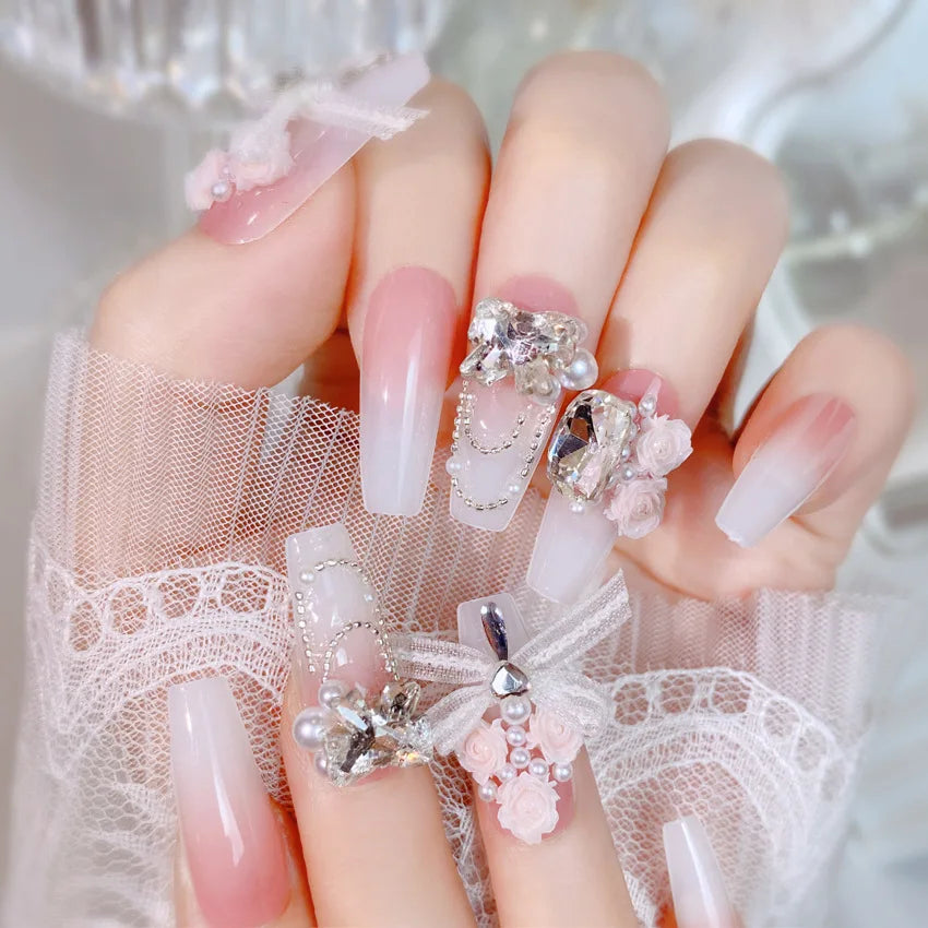 Blush Pink 3D Bowknot Diamond Pearl Press-On Nails