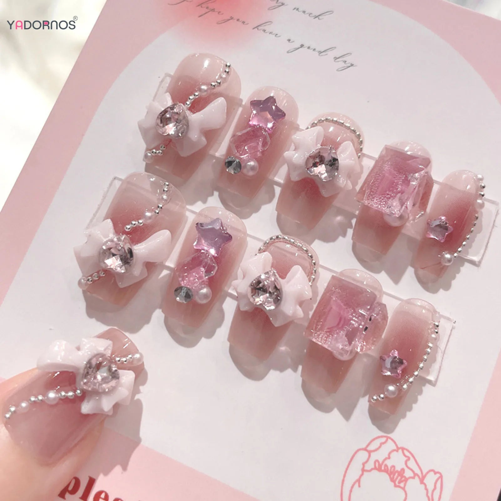 Blush Pink 3D Bowknot Diamond Pearl Press-On Nails