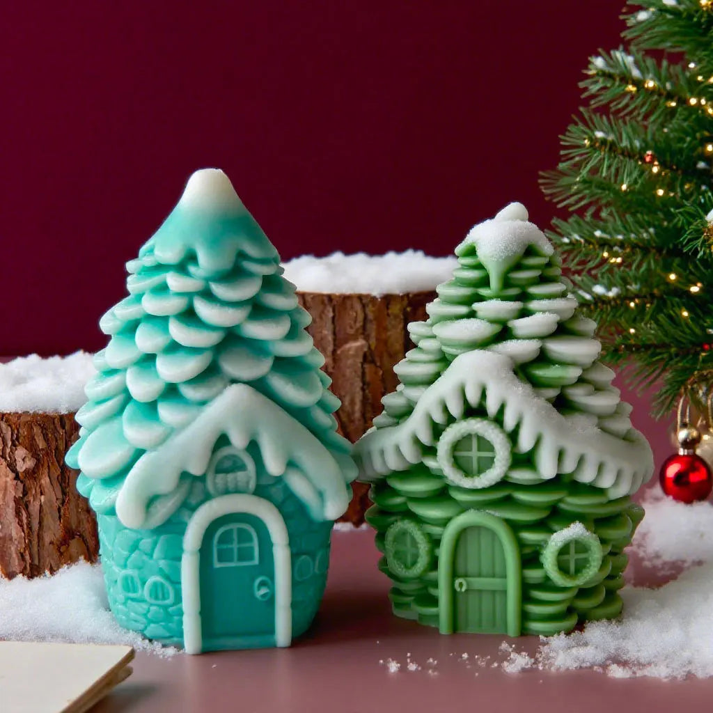 DIY Christmas Candle Silicone Mold with Pinecone and Snow House Designs
