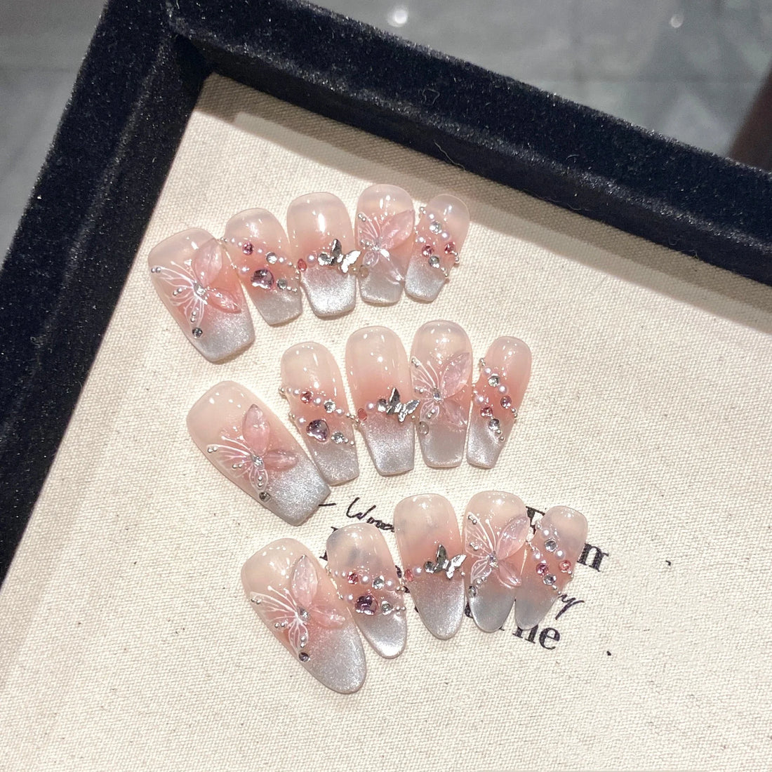 10Pcs Pink Butterfly Cat Eye French Press-On Nails