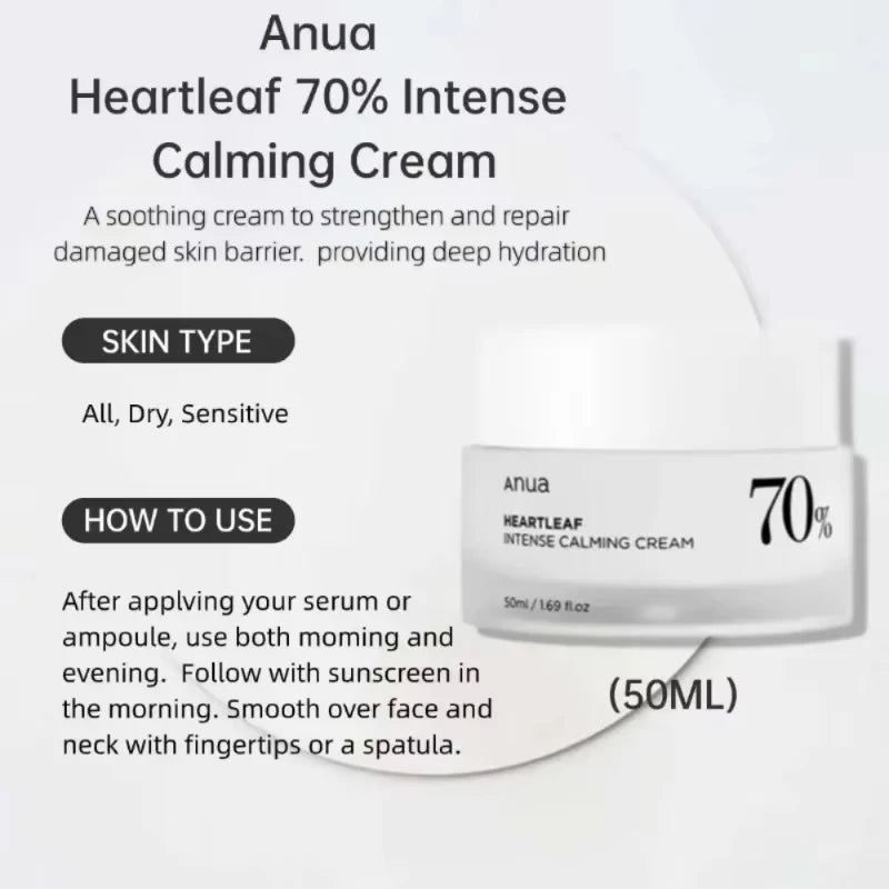 ANUA Heartleaf 70 Intense Calming Cream with Ceramide Whitening Cream Moisturizing Facial Cream 50ml Korean Skin care Product