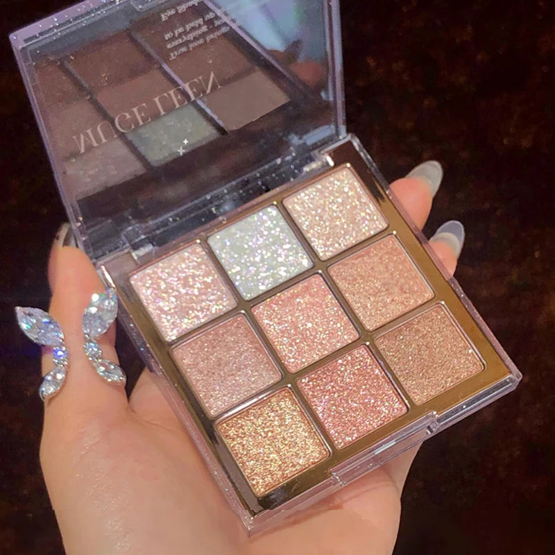 9-Color Glitter Eyeshadow Palette - Long-Lasting Rose and Pink Shades, Metallic Finish, Matte and Glitter Effect, High Pigment Long-Lasting, Easy to Blend Pink Gold Brown