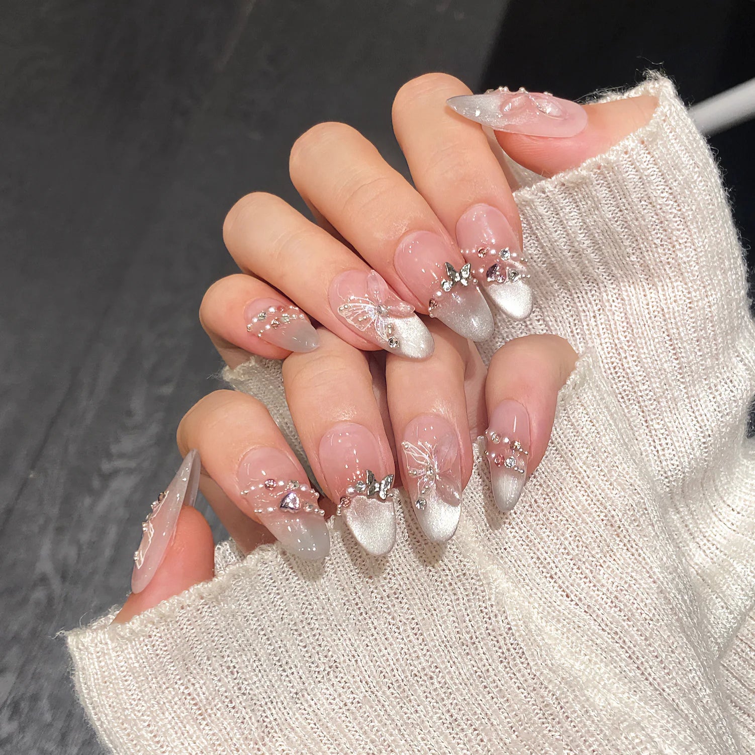 10Pcs Pink Butterfly Cat Eye French Press-On Nails