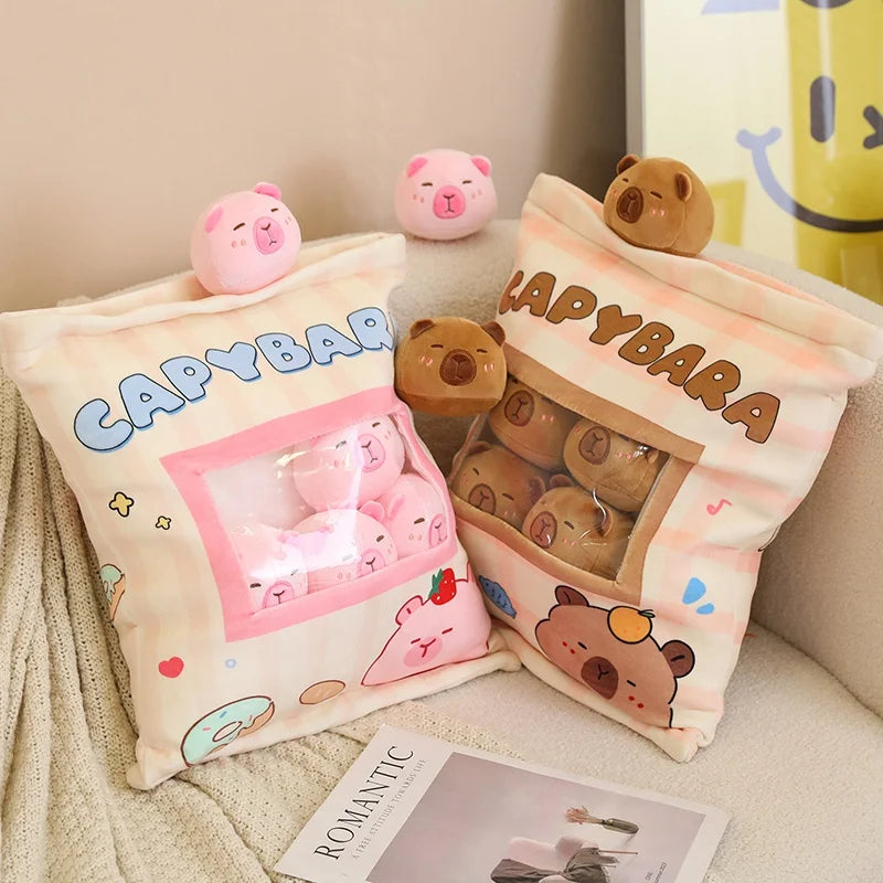 Capybara snack-pouch plush pillow with removable mini plush toys