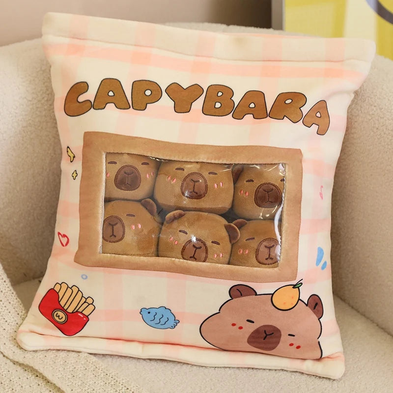 Capybara snack-pouch plush pillow with removable mini plush toys