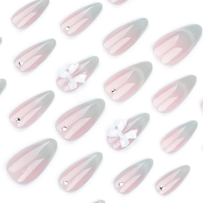 24pcs Cat Eye French Almond Press-On Nails 3D Bow