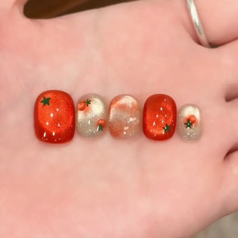 10Pcs Red Oval Press-On Nails Cute Tomato Design