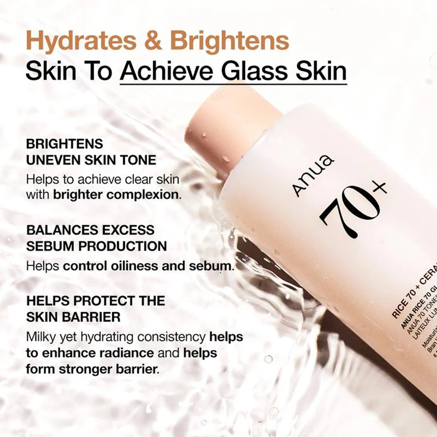 Anua Rice 70 Glow Milky Toner With 70% Rice Water & Ceramide - Hydrating Brightening Facial Toner For Glass Skin & Sebum Control