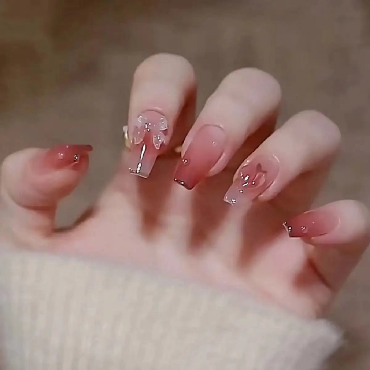 24PCS Gradient Peach Love Bow 3D Photochromic Nails