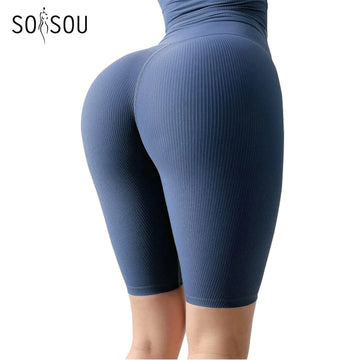 SOISOU Rib Fabric Women's Shorts High Waist Cycling Shorts Women Gym Running Yoga Shorts Tight Fitness