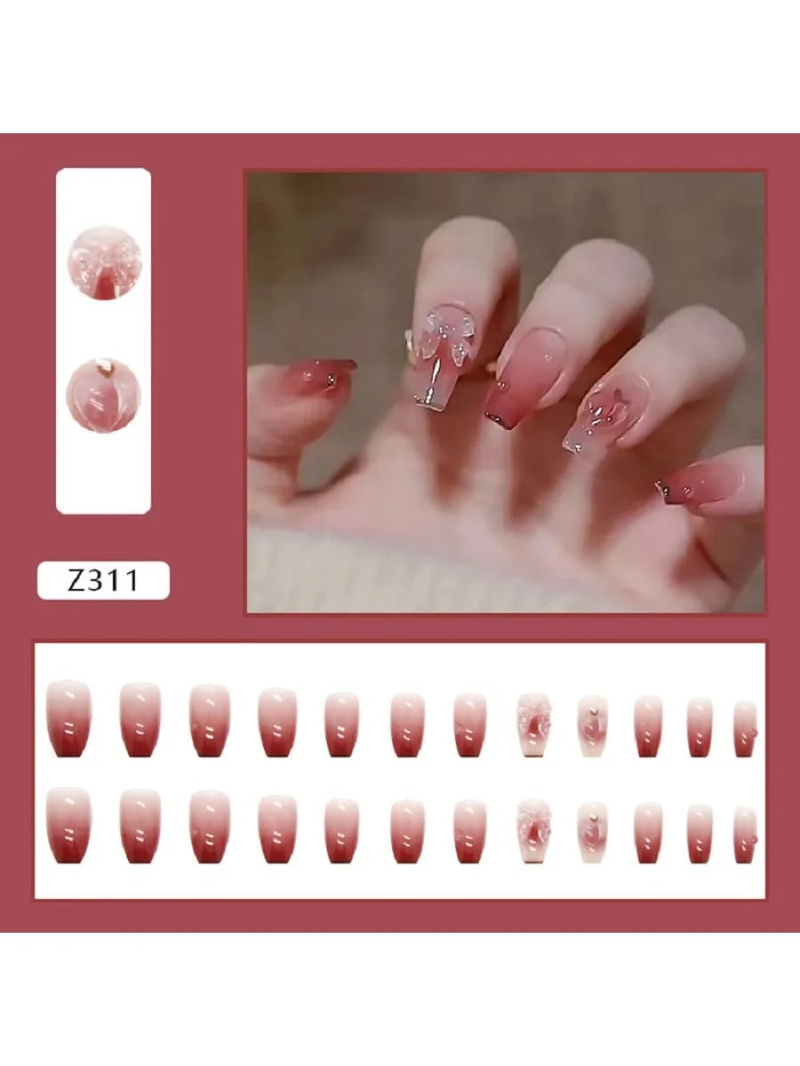 24PCS Gradient Peach Love Bow 3D Photochromic Nails